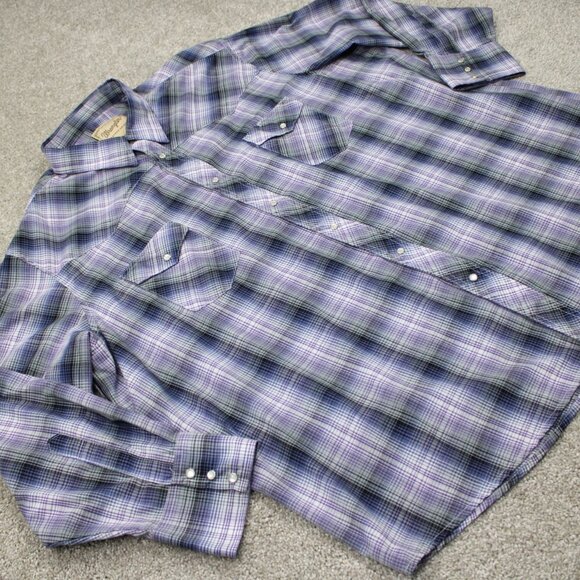 Wrangler Western Shirt Adult 3XL XXXL Purple/Black Plaid Pearl Snap Long Sleeve - Picture 6 of 12